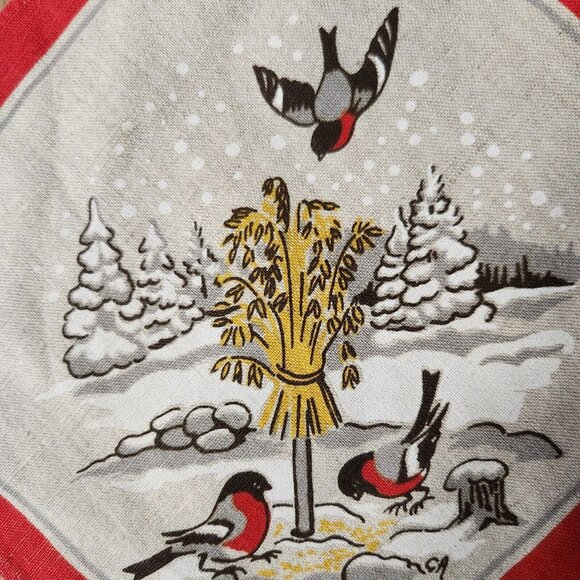 Vintage Swedish Doily Birds Wheat Sheaf Winter Christmas Solstice Print on Linen - Picture 2 of 3